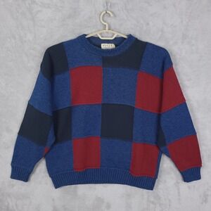 Ashley Knit Sweater Mens XL Check Plaid Colorblock Pattern Vintage 90s USA